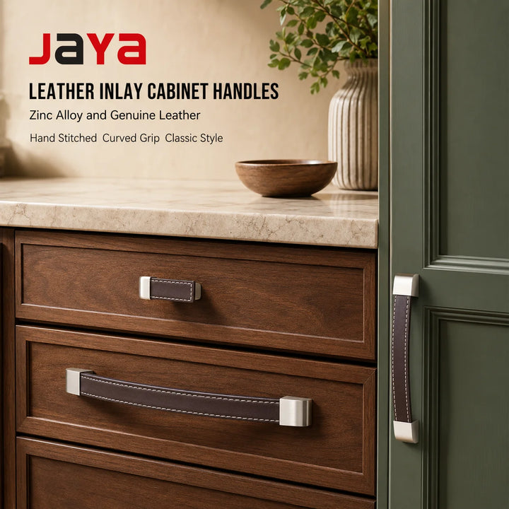 JAYA Vintage Genuine Leather Inlay Zinc Alloy Cabinet Pull Handles and T Knobs for Kitchen Drawer Wardrobe Furniture