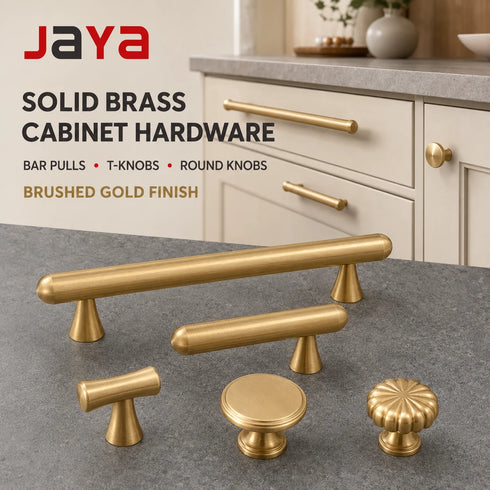JAYA Solid Brass Cabinet Hardware Brushed Gold Bar Pull Handles T Knobs Round Knobs for Kitchen Wardrobe Dresser Furniture