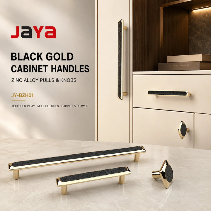 JAYA Modern Black Gold Zinc Alloy Cabinet Pull Handles and Knobs for Kitchen Drawers Wardrobes and Cupboard Doors