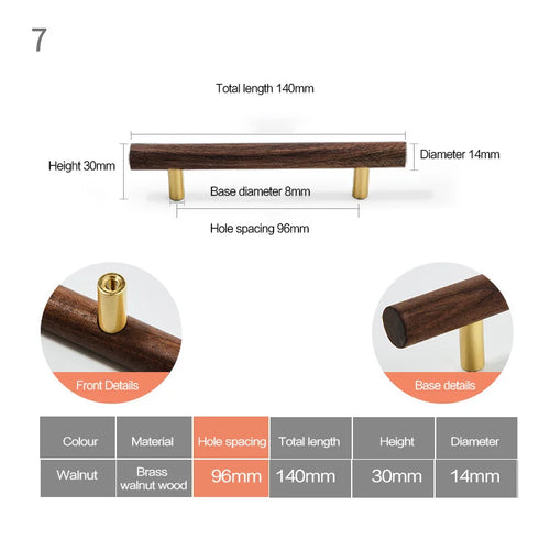 JAYA Modern Natural Wood Cabinet Pull Handles and Knobs with Gold Posts for Kitchen Wardrobe Drawer Cupboard Furniture