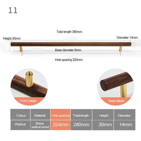 JAYA Modern Natural Wood Cabinet Pull Handles and Knobs with Gold Posts for Kitchen Wardrobe Drawer Cupboard Furniture