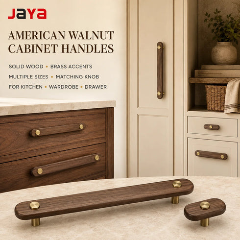 JAYA Solid American Walnut Cabinet Handles Drawer Pulls and Knobs with Brass Accents for Kitchen Wardrobe Cupboard Furniture