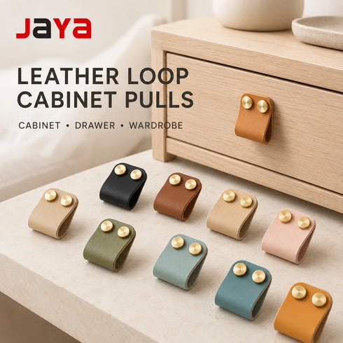 JAYA Leather Loop Cabinet Pull Handles with Brass Knobs Modern Drawer Pulls for Wardrobe Cupboard Dresser Bedroom Furniture