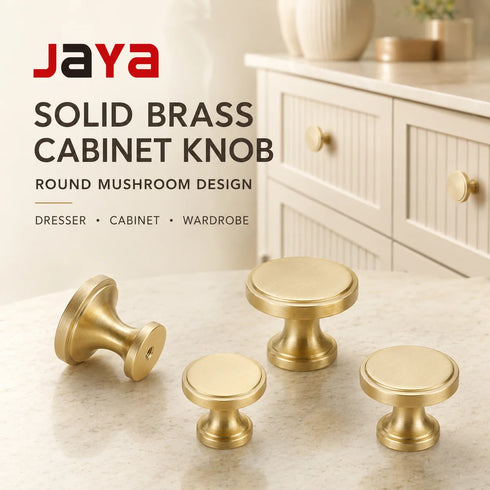 JAYA Modern Round Mushroom Solid Brass Cabinet Knob Brushed Gold Dresser Drawer Wardrobe Kitchen Bathroom Furniture Hardware