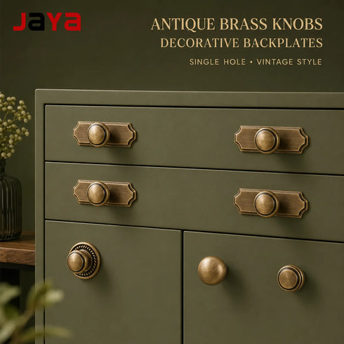 JAYA Antique Brass Finish Cabinet Knobs with Backplates Vintage Single Hole Drawer Pulls for Kitchen Wardrobe Dresser Furniture