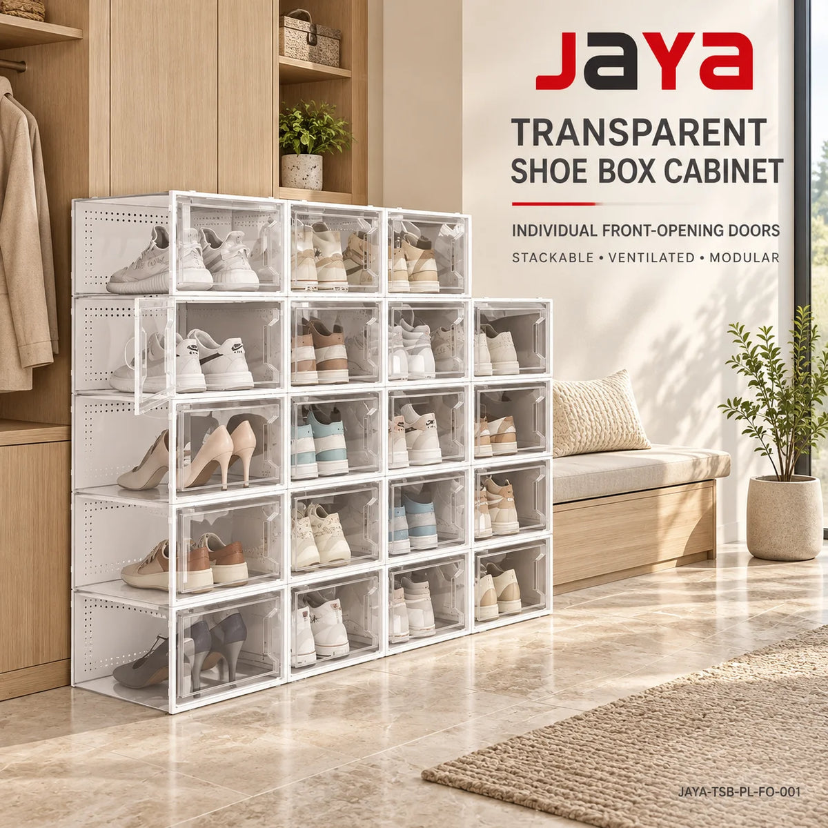JAYA Stackable Transparent Plastic Shoe Boxes Front Opening Sneaker Storage Organizer Cabinet for Closet Entryway Wholesale