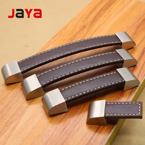 JAYA Vintage Genuine Leather Inlay Zinc Alloy Cabinet Pull Handles and T Knobs for Kitchen Drawer Wardrobe Furniture