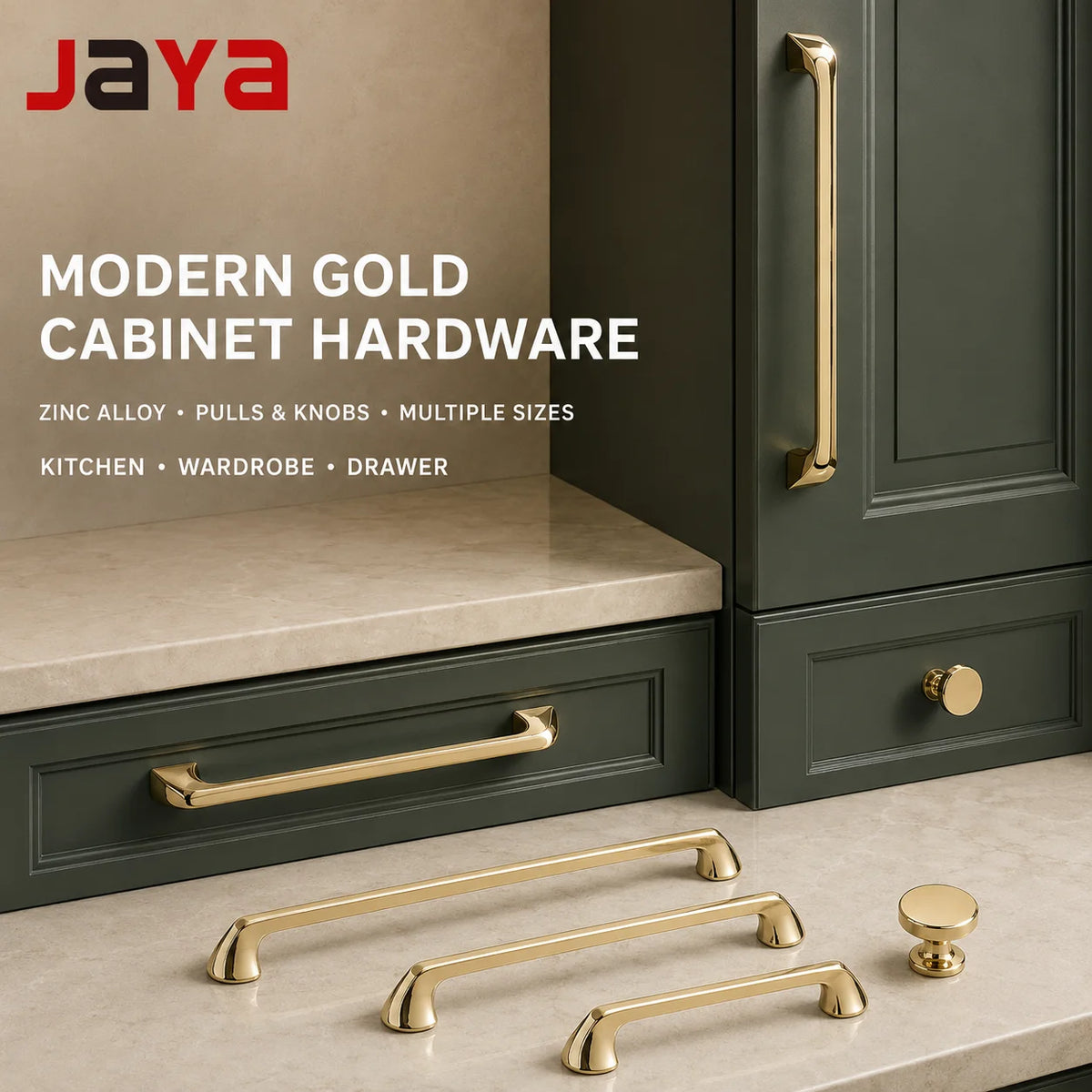 JAYA Modern Gold Zinc Alloy Cabinet Pull Handles and Knobs for Kitchen Wardrobe Drawer Cupboard Furniture Hardware
