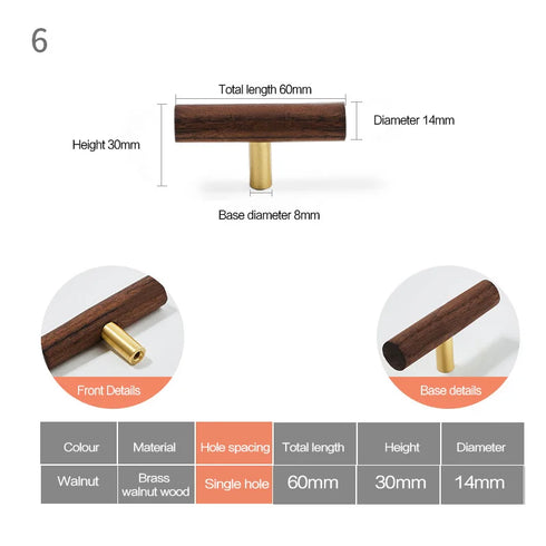 JAYA Modern Natural Wood Cabinet Pull Handles and Knobs with Gold Posts for Kitchen Wardrobe Drawer Cupboard Furniture