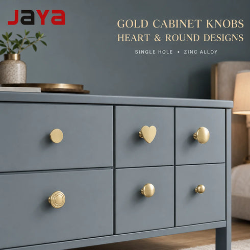 JAYA Gold Finish Zinc Alloy Cabinet Knobs Heart and Round Single Hole Drawer Pulls for Kitchen Wardrobe Dresser Furniture