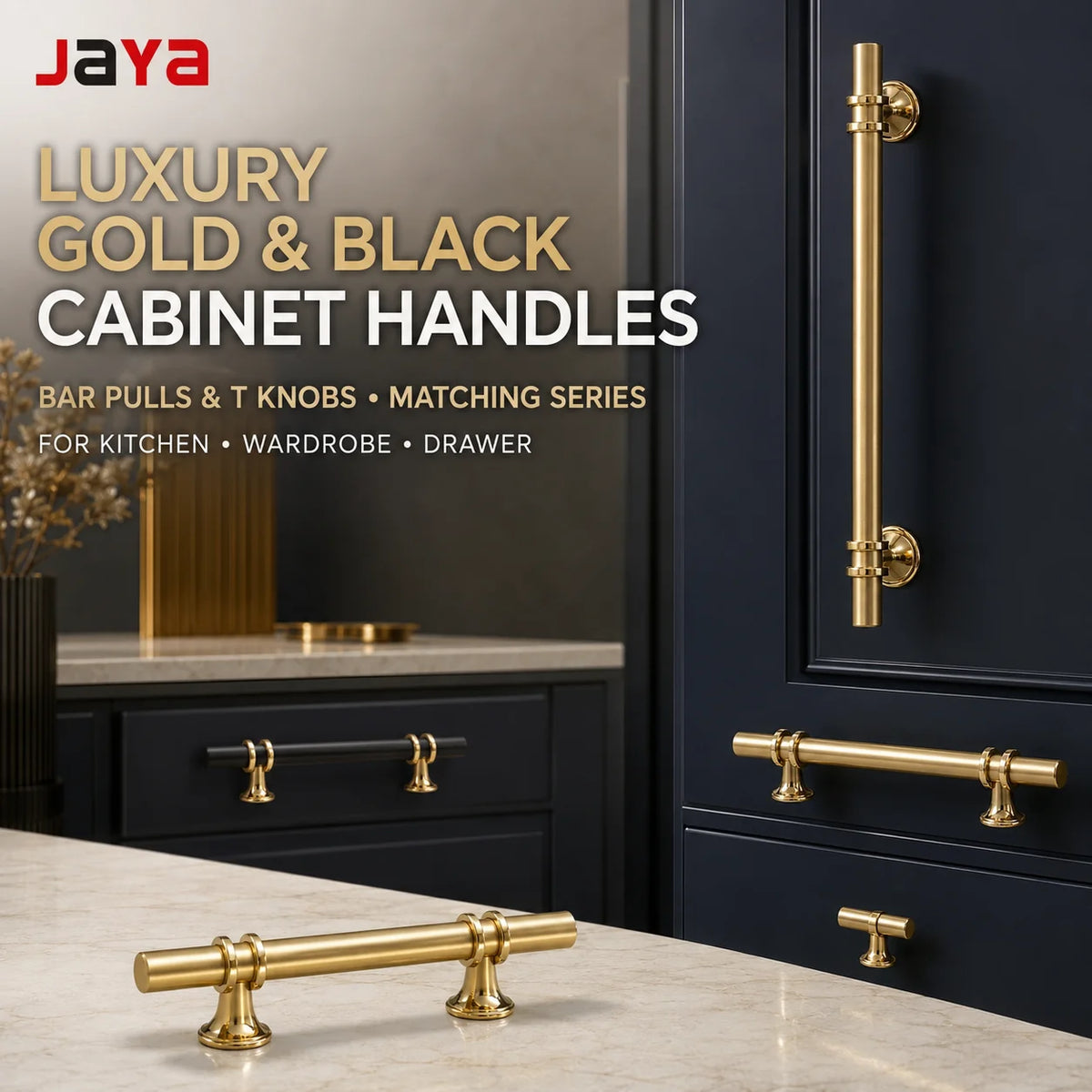 JAYA Luxury Gold and Black Cabinet Handles Modern Bar Drawer Pulls T Knobs for Kitchen Wardrobe Cupboard Furniture Hardware