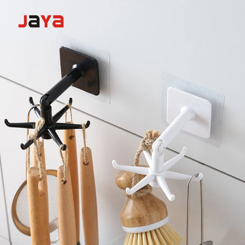 JAYA Self-Adhesive Rotating Multi-Hook Wall Hanger No-Drill Plastic Utensil Key Clothes Organizer for Kitchen Bathroom