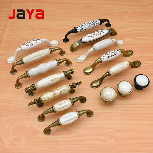 JAYA Traditional European Crackle Ceramic Cabinet Handles and Knobs Antique Bronze Drawer Dresser Wardrobe Door Pulls