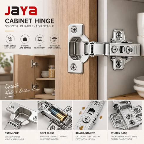 JAYA Kitchen Cabinet Folding Table Furniture Hinge Soft Close Stainless Steel 3D Adjust Hydraulic 35mm Cup Cabinet Hidden School