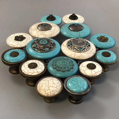 JAYA Vintage Synthetic Turquoise Cabinet Knobs Zinc Alloy Round Single Hole Drawer Pulls Blue Ivory for Dresser Wardrobe