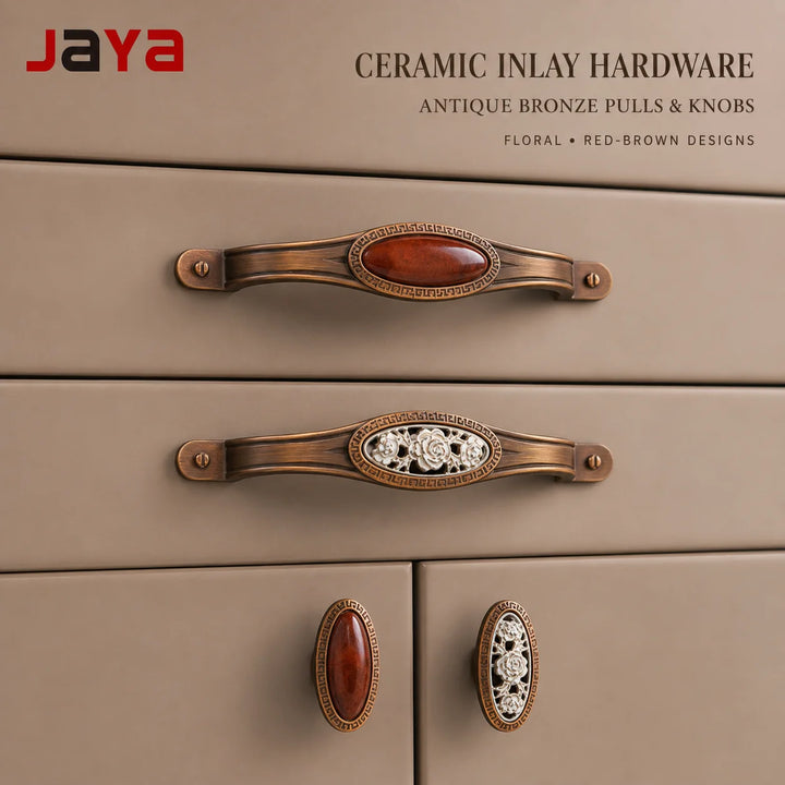 JAYA Antique Bronze Zinc Alloy Cabinet Handles Oval Ceramic Inlay Drawer Pulls and Knobs for Kitchen Wardrobe Dresser Furniture