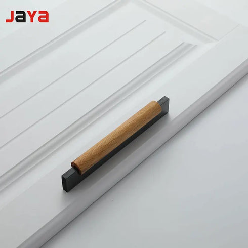 JAYA Modern Solid Wood Cabinet Pull Handles with Black Metal Base Drawer Pulls for Kitchen Wardrobe Cupboard Furniture
