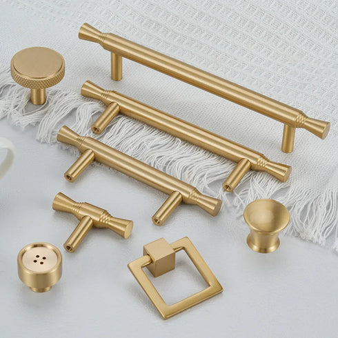 JAYA Solid Brass Cabinet Pull Handles and Knobs Satin Gold Furniture Hardware for Kitchen Drawers Wardrobe Doors
