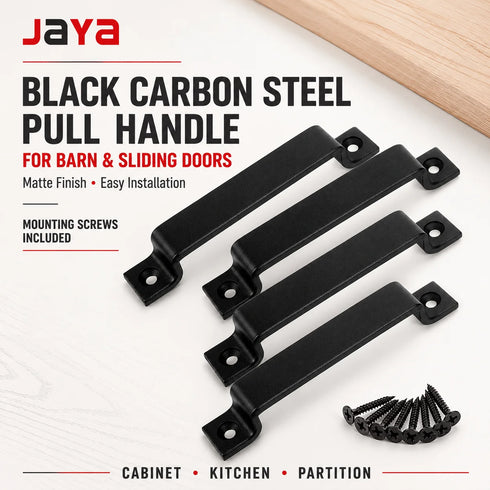 JAYA Matte Black Carbon Steel Barn Door Pull Handle with Mounting Screws for Wooden Sliding Cabinet Kitchen Partition Door