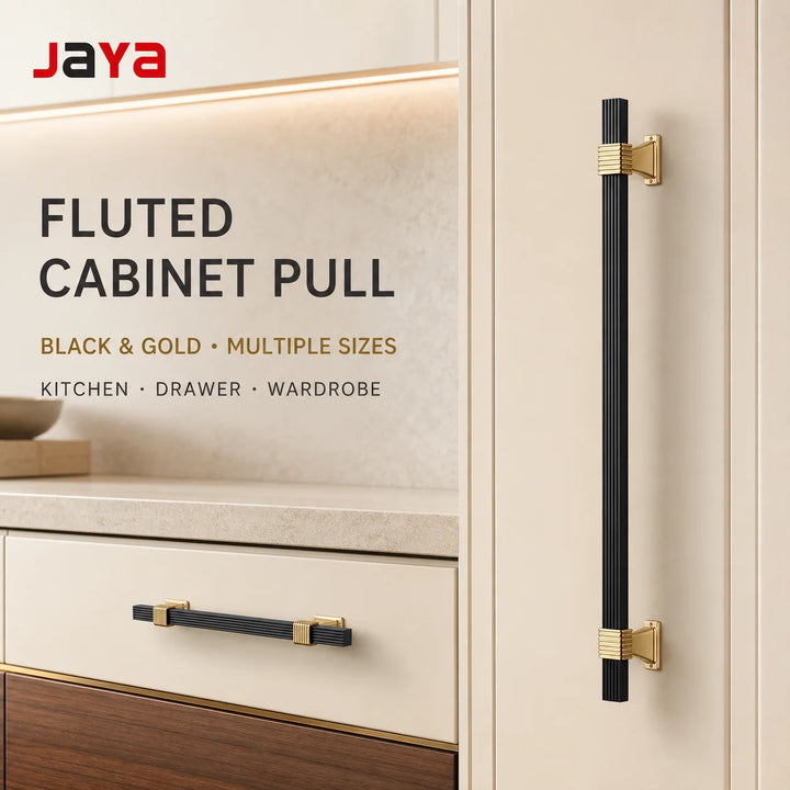 JAYA Black Gold Fluted Cabinet Pull Handles Modern Ribbed Bar Drawer Wardrobe Cupboard Kitchen Furniture Hardware Multiple Sizes