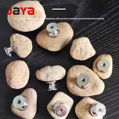 JAYA Natural Stone Cabinet Knobs Irregular Pebble Single Hole Drawer Pulls with Metal Base for Kitchen Dresser Wardrobe