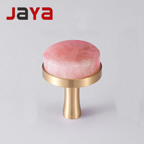 JAYA Pink Crystal Handle Knobs Single Hole Natural Stone & Brass Base Furniture Wine Cabinet Drawer Door Handle Knobs