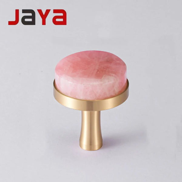JAYA Pink Crystal Handle Knobs Single Hole Natural Stone & Brass Base Furniture Wine Cabinet Drawer Door Handle Knobs