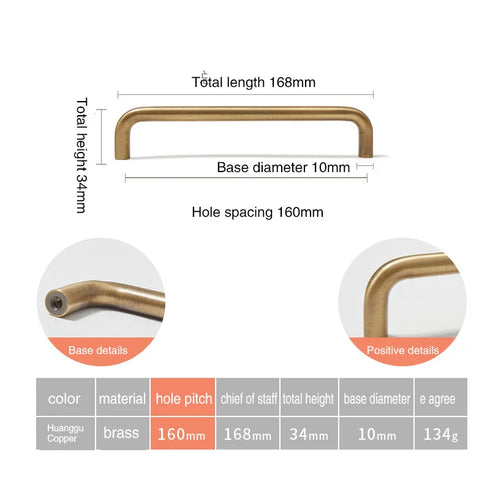 JAYA Solid Brass Yellow Bronze Cabinet Pull Handles French Retro Minimalist Long Round Bar for Wardrobe Doors Drawers