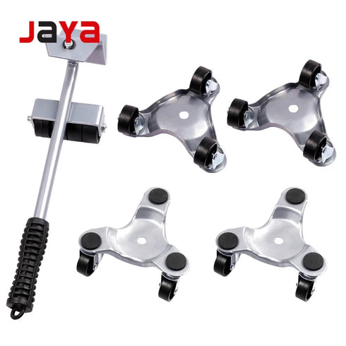 JAYA 5 Piece Furniture Lifter Mover Set with 4 Silver Triangular 3 Wheel Roller Dollies for Sofa Cabinet Appliance