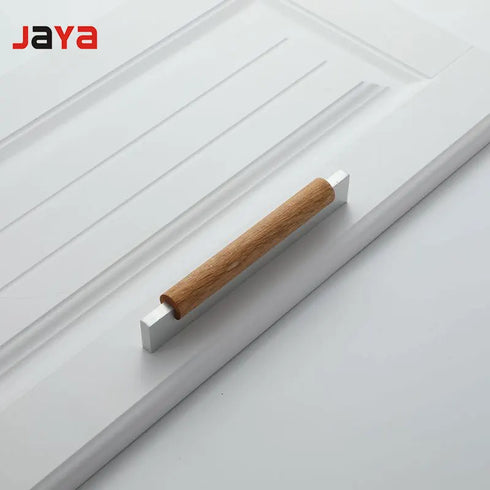JAYA Modern Solid Wood Cabinet Pull Handles with Black Metal Base Drawer Pulls for Kitchen Wardrobe Cupboard Furniture