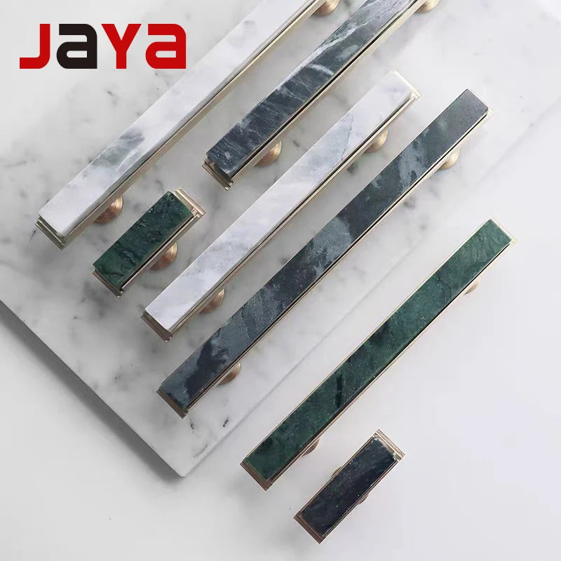 JAYA Natural Marble Cabinet Knobs and Bar Pulls with Brass Frame for Kitchen Drawer Cupboard Wardrobe and Dresser