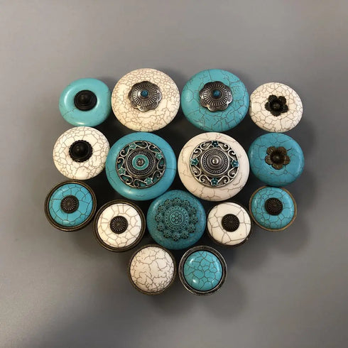 JAYA Vintage Synthetic Turquoise Cabinet Knobs Zinc Alloy Round Single Hole Drawer Pulls Blue Ivory for Dresser Wardrobe