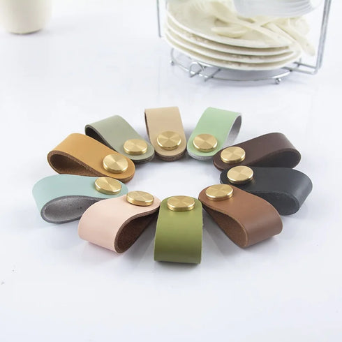 JAYA Leather Loop Cabinet Pull Handles with Brass Knobs Modern Drawer Pulls for Wardrobe Cupboard Dresser Bedroom Furniture