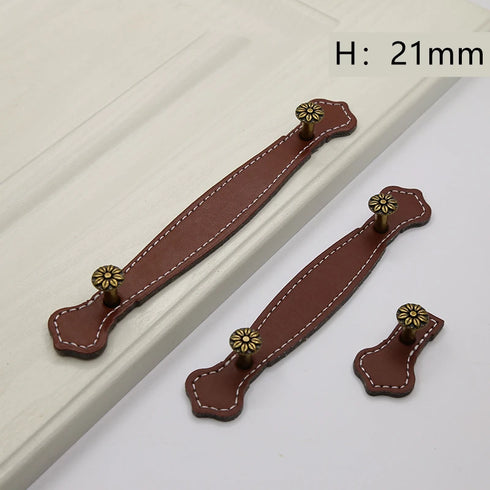 JAYA Nordic Brown Black Leather Strap Cabinet Pull Handles Antique Bronze Knobs for Wardrobe Drawers