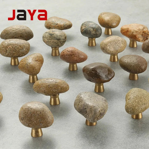 JAYA Natural Pebble Stone Cabinet Knobs with Brass Base Mini Drawer Pulls for Kitchen Wardrobe and Furniture Doors