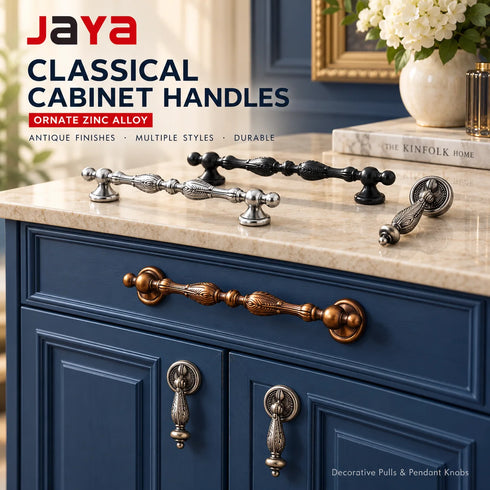 JAYA Classical Zinc Alloy Cabinet Handles Antique Brass Decorative Drawer Pulls Retro Pendant Knobs for Kitchen Bedroom