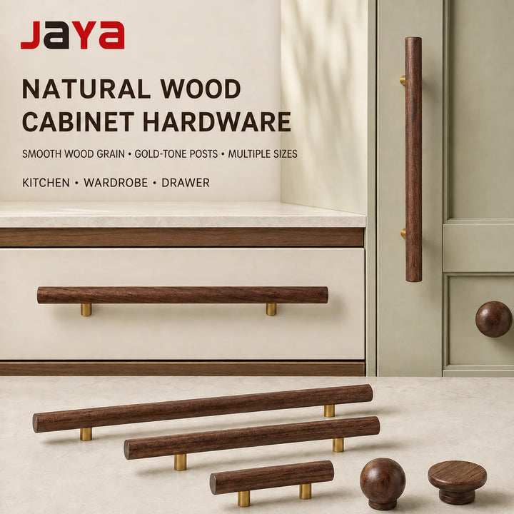 JAYA Modern Natural Wood Cabinet Pull Handles and Knobs with Gold Posts for Kitchen Wardrobe Drawer Cupboard Furniture