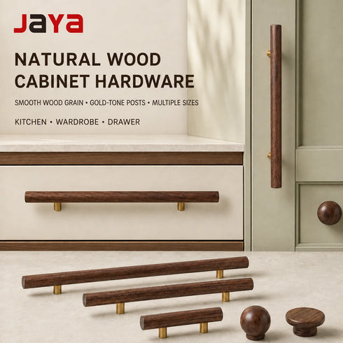 JAYA Modern Natural Wood Cabinet Pull Handles and Knobs with Gold Posts for Kitchen Wardrobe Drawer Cupboard Furniture