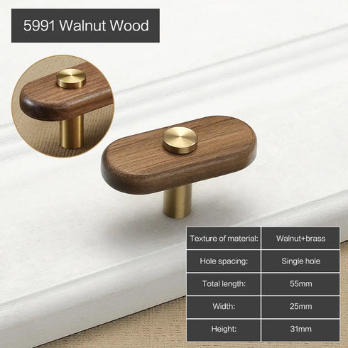 JAYA Solid American Walnut Cabinet Handles Drawer Pulls and Knobs with Brass Accents for Kitchen Wardrobe Cupboard Furniture