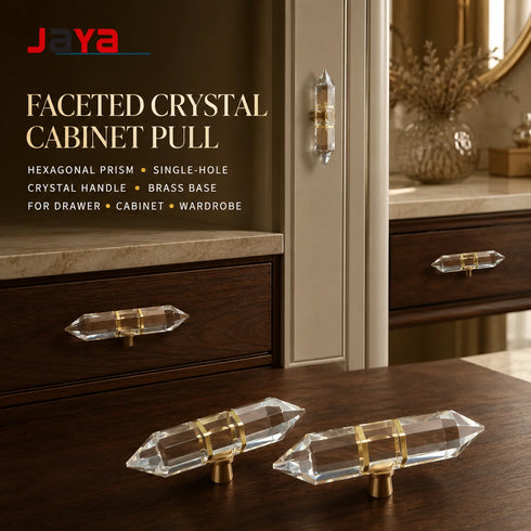 JAYA Faceted Crystal Cabinet Pull Handles Single Hole Hexagonal Prism Brass Knobs for Kitchen Wardrobe Drawer Furniture