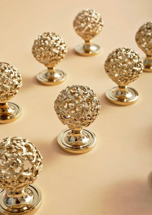 JAYA French Vintage Brass Filigree Cabinet Knobs Gold Openwork Spherical Drawer Pulls for Wardrobe Dresser Cupboard Furniture