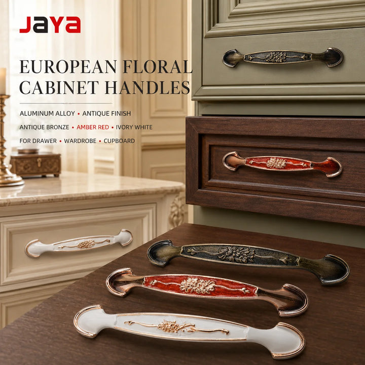 JAYA European Floral Aluminum Alloy Cabinet Handles Antique Bronze Amber Red Ivory White Drawer Pulls for Wardrobe Cupboard