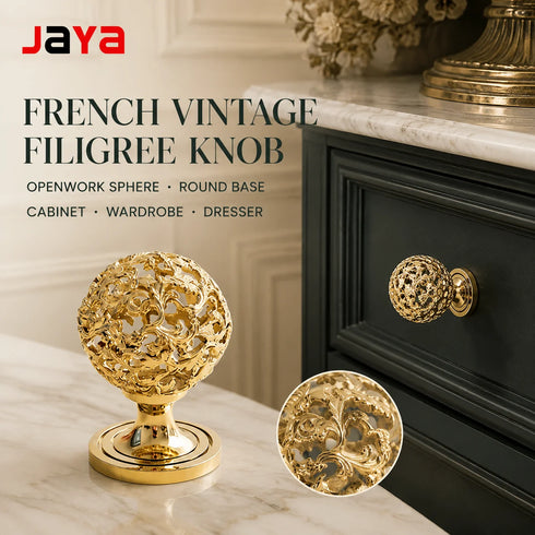 JAYA French Vintage Brass Filigree Cabinet Knobs Gold Openwork Spherical Drawer Pulls for Wardrobe Dresser Cupboard Furniture