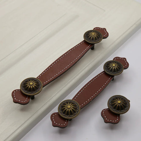 JAYA Nordic Brown Black Leather Strap Cabinet Pull Handles Antique Bronze Knobs for Wardrobe Drawers