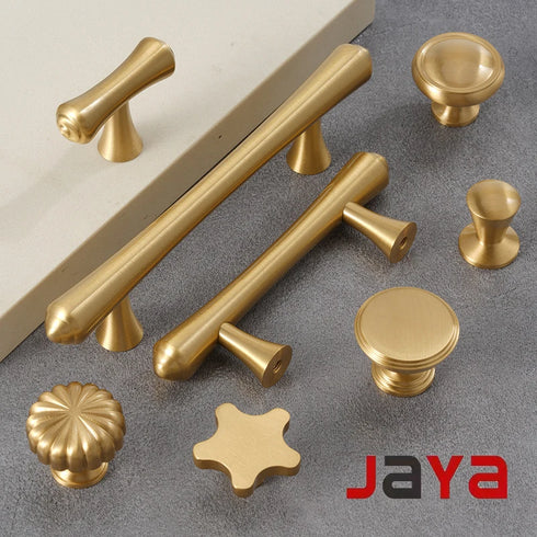 JAYA Solid Brass Cabinet Hardware Brushed Gold Bar Pull Handles T Knobs Round Knobs for Kitchen Wardrobe Dresser Furniture