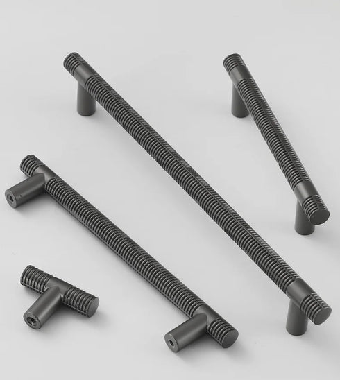 JAYA Ribbed Gold Brass Finish Cabinet Pull Handles and T Knobs Matte Black Kitchen Drawer Furniture Hardware