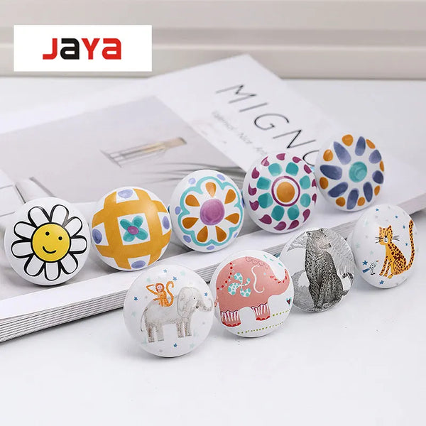 JAYA American Cartoon Ceramic Drawer Handle Nordic Single Hole Ceramic Round Illustration Children's Room Handle
