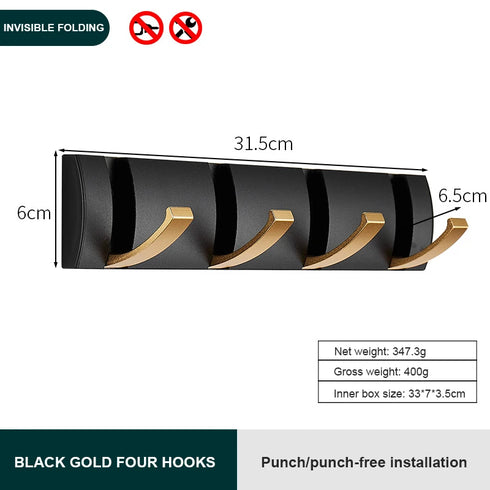 JAYA Black And Gold  Hook Door Hanger Hook Single Folding  Traceless Thickened Hanging Door Back Coat Hat Row Hook