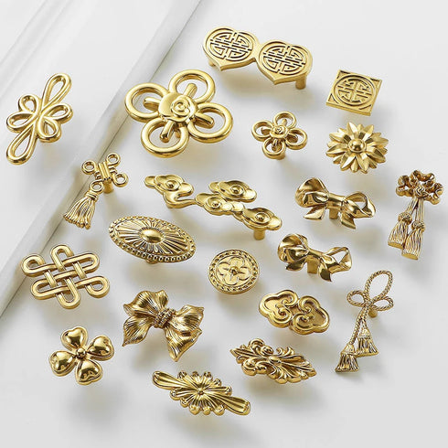 JAYA Chinese Brass Furniture Door Handle Pure Copper Flower Shaped Bow Wardrobe Door Handle Knobs