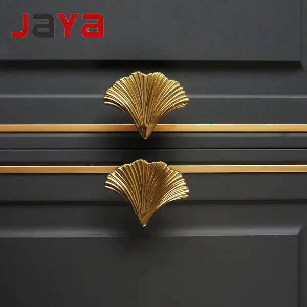 JAYA Luxury Creative Ginkgo Leaf Handle Cabinet Door Drawer Wardrobe Door Single Hole Copper Natural Color Gold Zinc Ally Hooks